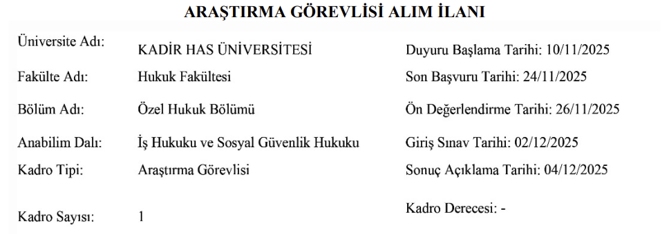 KADİR HAS ÜNİVERSİTESİ Akademik Kadro İlanı Resmi